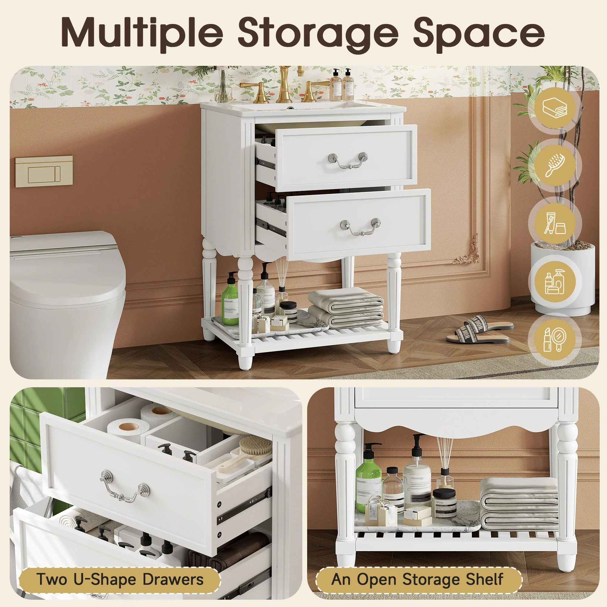 Wave Design Bathroom Vanity With Sink, 2 Drawers And Open Shelf - Image 6