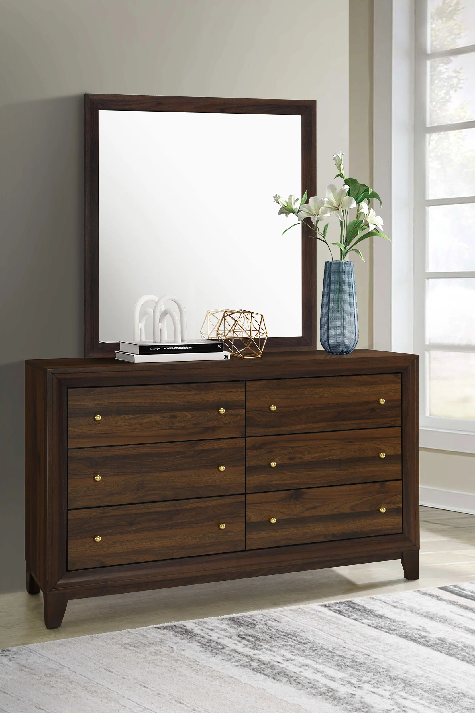 Welsley 6-Drawer Dresser and Mirror - Walnut - Image 4