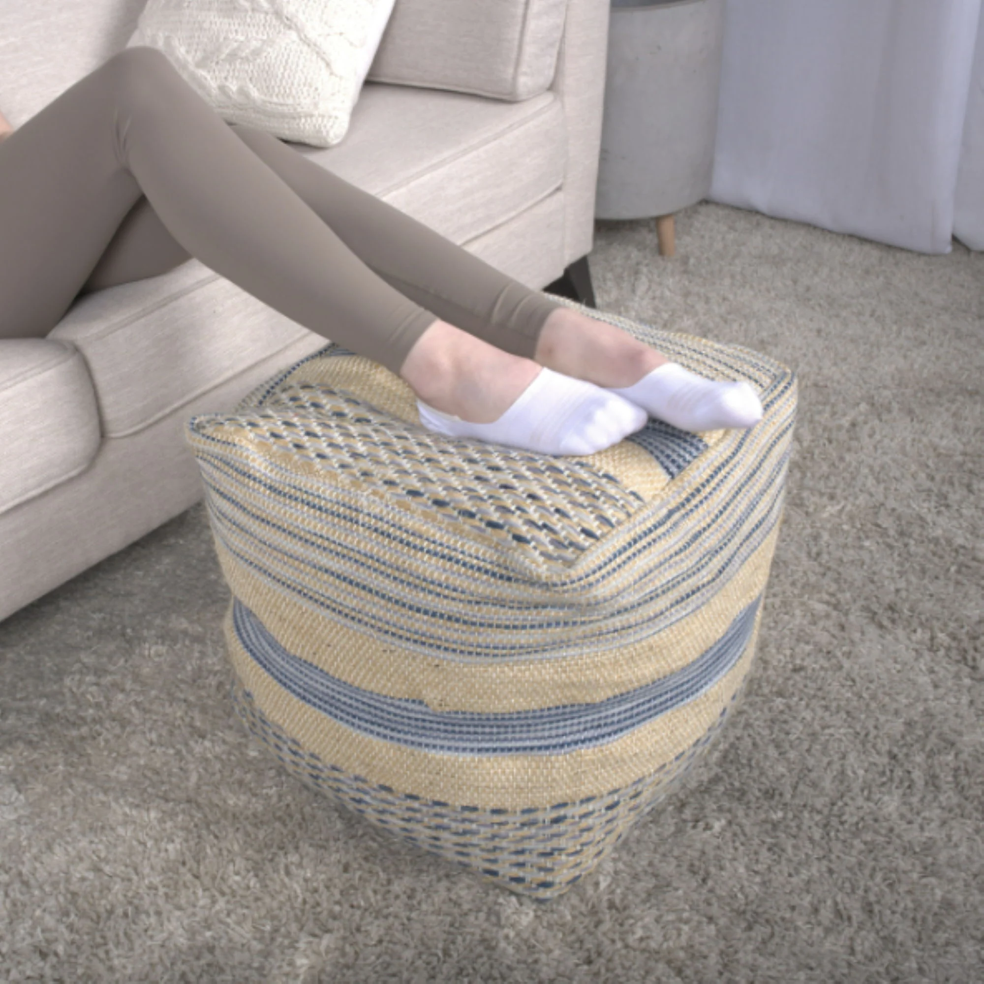 Western - Handcrafted Fabric Pouf, Durable - Natural / Blue - Image 3
