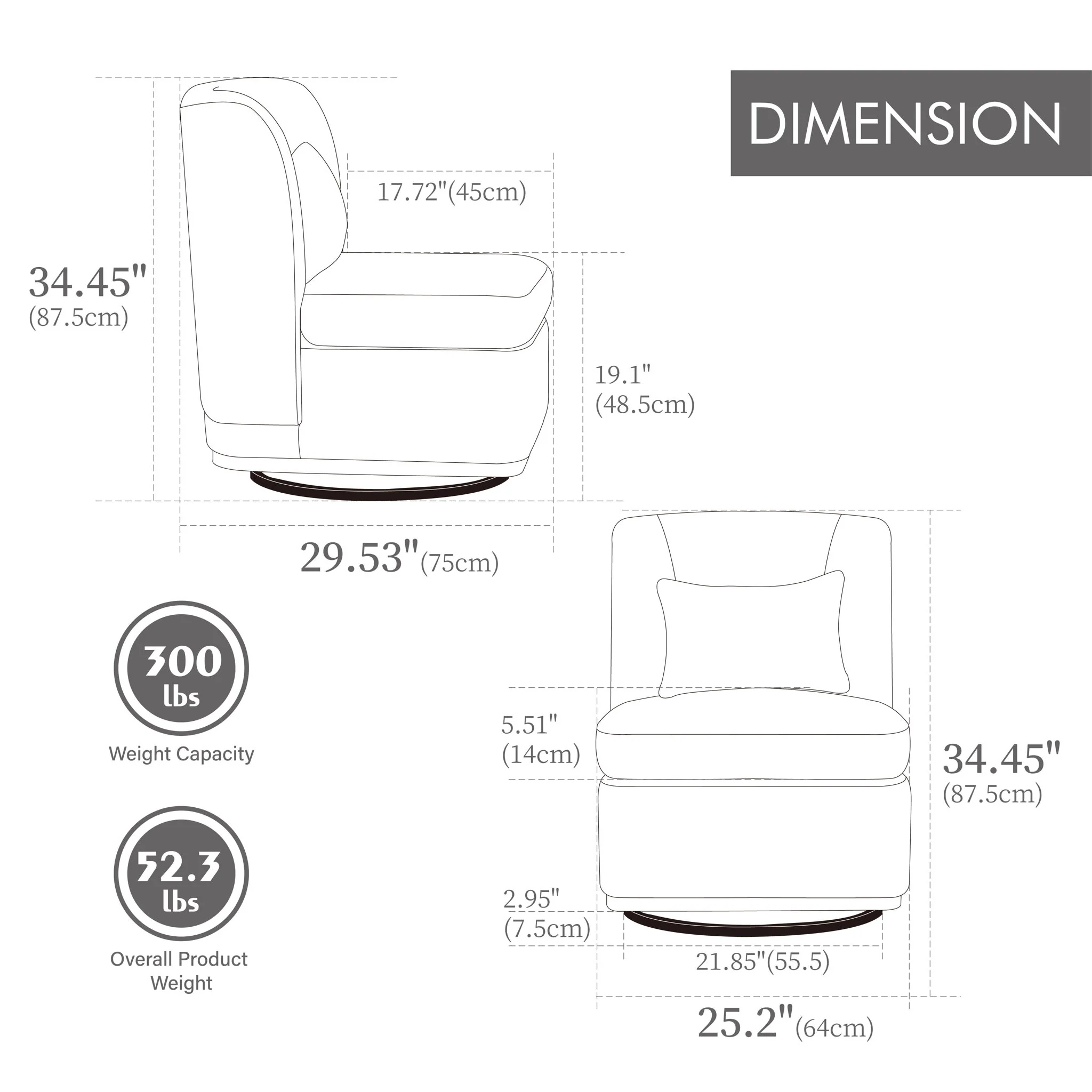 Wide Modern Cushioned Armless Metal Base 360° Swivel Chair With Pillow - Image 13
