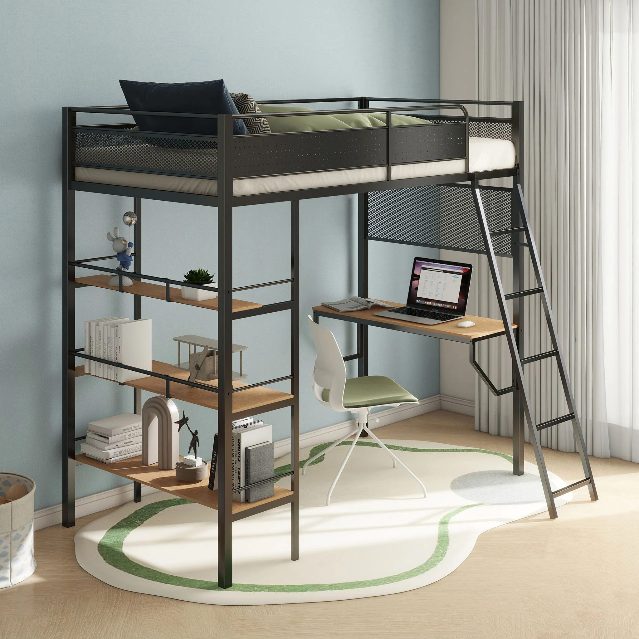 William - Twin Loft Bed 3 Shelf With Built In Desk - Matte Black - Image 3