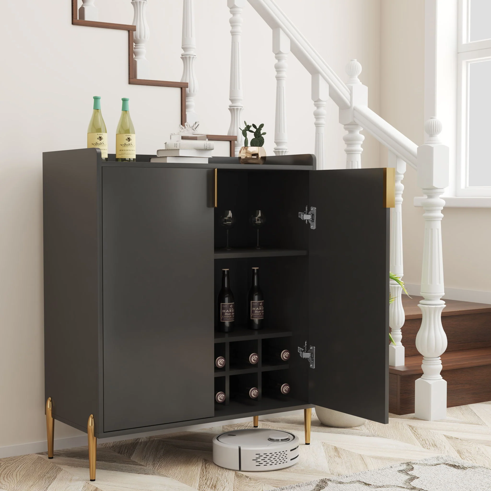 Wine Bar Cabinet With Adjustable Shelf, 2 Door Sideboard With Soft-Closing Hinges And Feet - Image 15