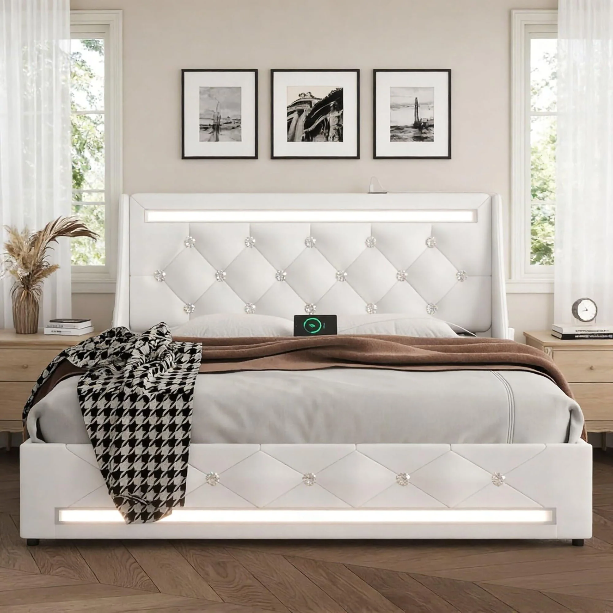 Wingback Upholstered Bed Frame With LED Lights, Charging Station - Image 40