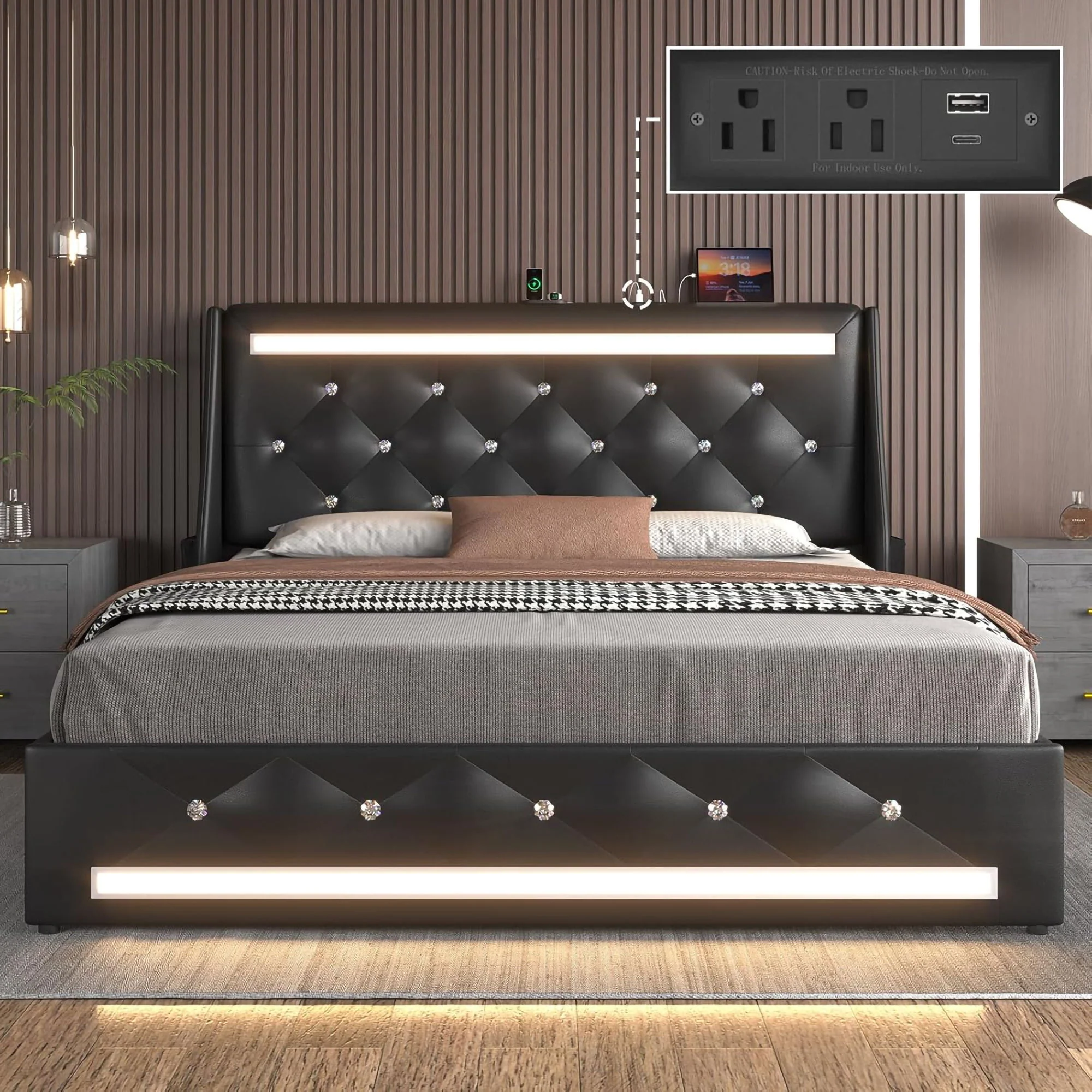 Wingback Upholstered Bed Frame With LED Lights, Charging Station - Image 42