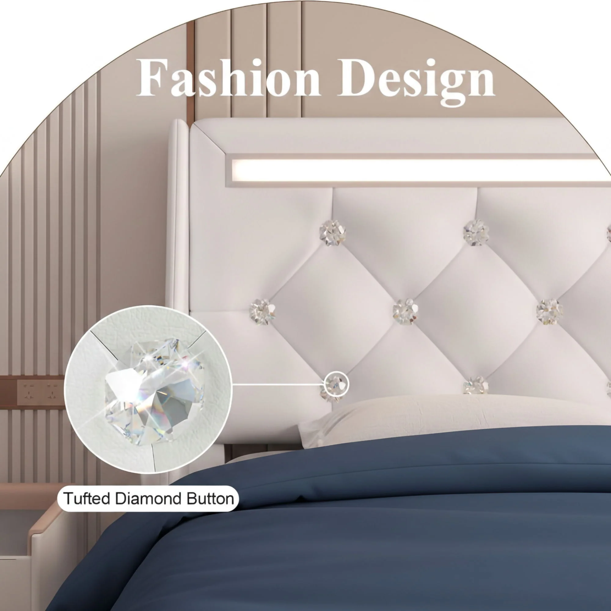 Wingback Upholstered Bed Frame With LED Lights, Charging Station - Image 6