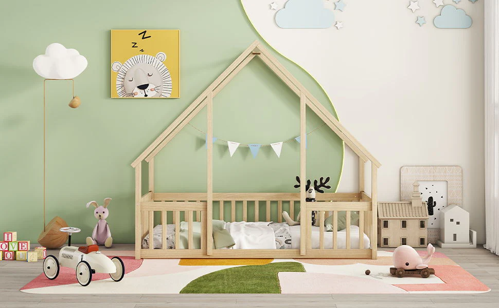 Wood House-Shaped Floor Bed With Fence, Guardrails - Image 22