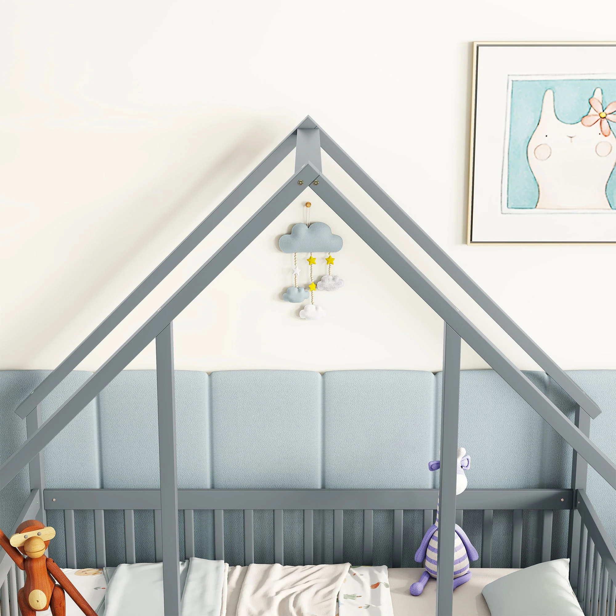 Wood House-Shaped Floor Bed With Fence, Guardrails - Image 23