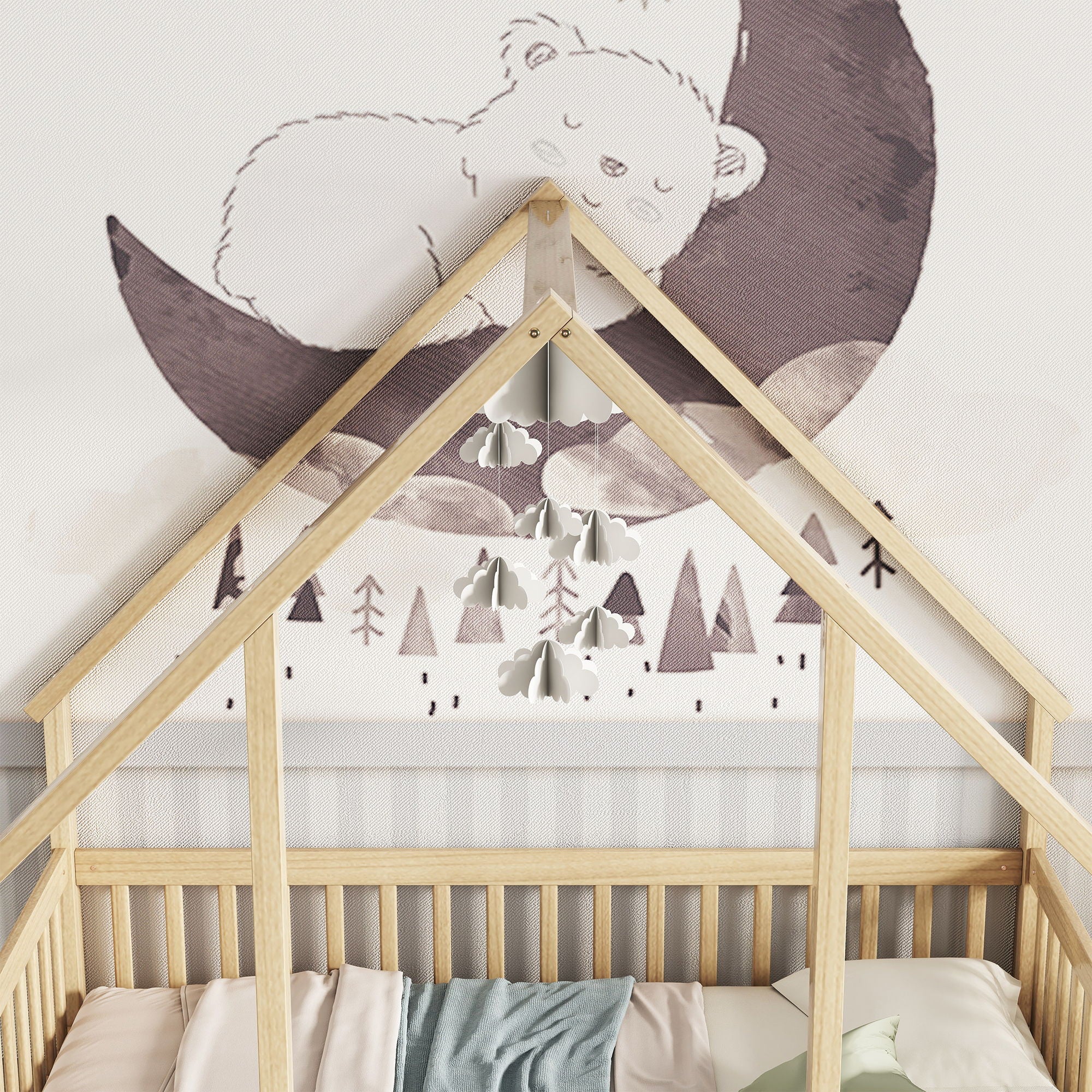 Wood House-Shaped Floor Bed With Fence, Guardrails - Image 27