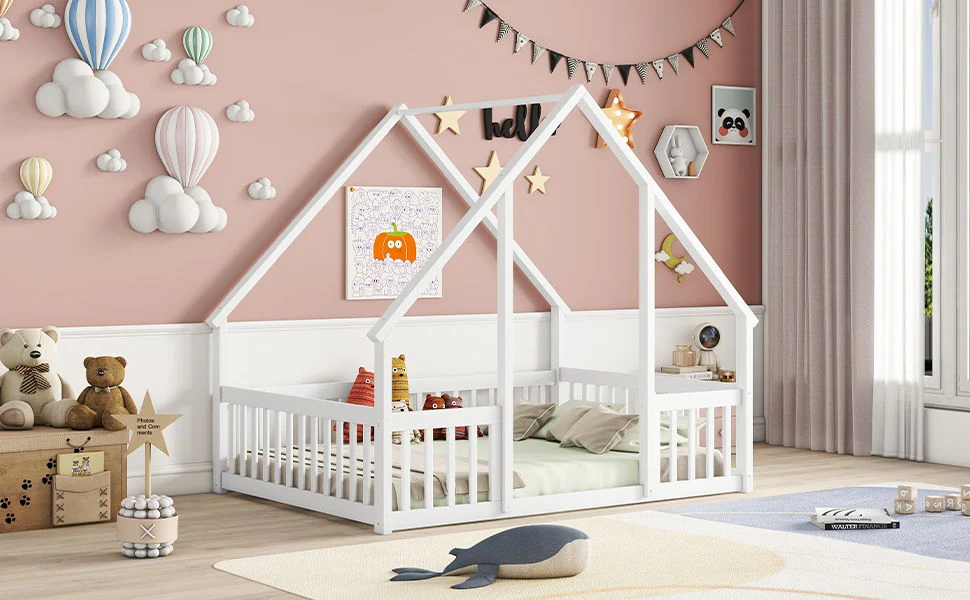 Wood House-Shaped Floor Bed With Fence, Guardrails - Image 28