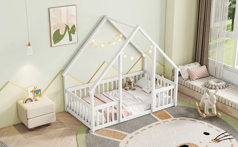 Wood House-Shaped Floor Bed With Fence, Guardrails - Image 31