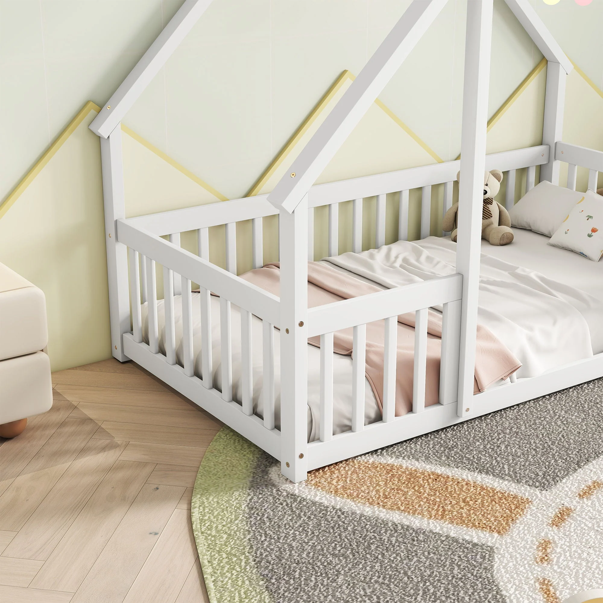 Wood House-Shaped Floor Bed With Fence, Guardrails - Image 37