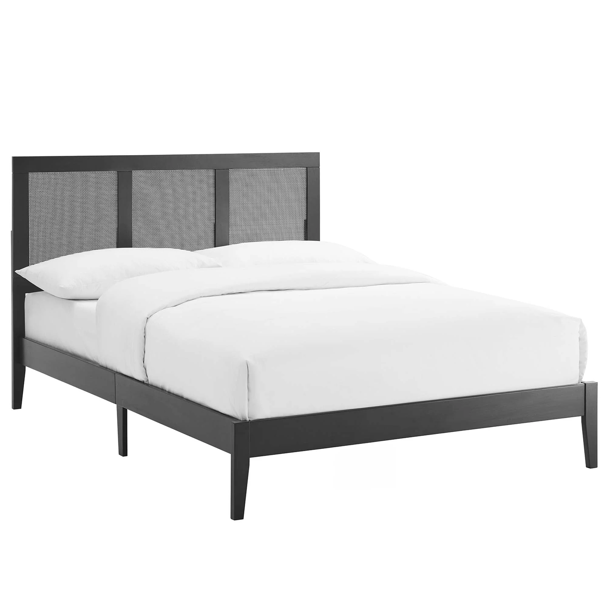 Wood Platform Bed with Rattan Panel Headboard - Image 22