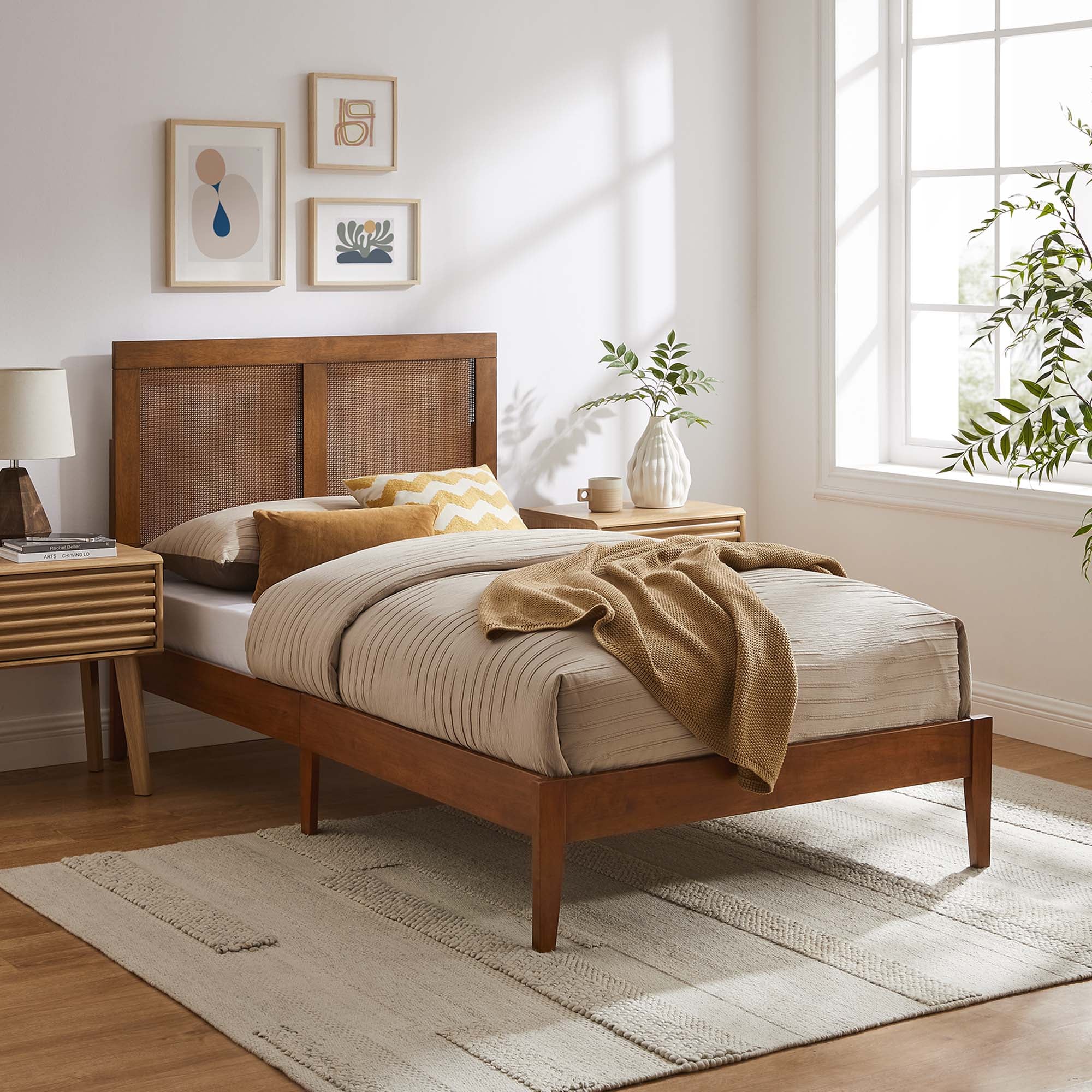 Wood Platform Bed with Rattan Panel Headboard - Image 7