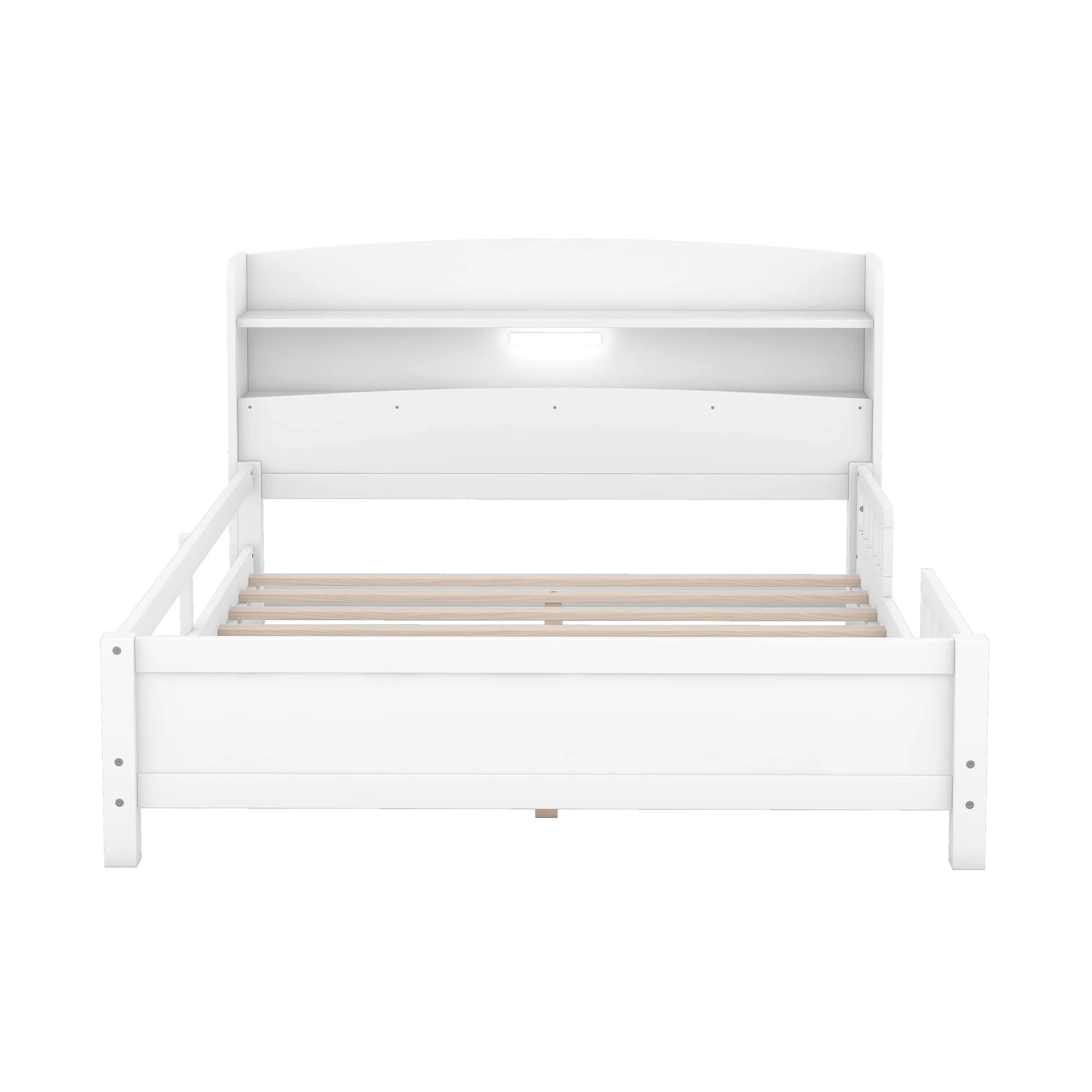 Wood Platform Bed With Built In LED Light, Storage Headboard And Guardrail - Image 14