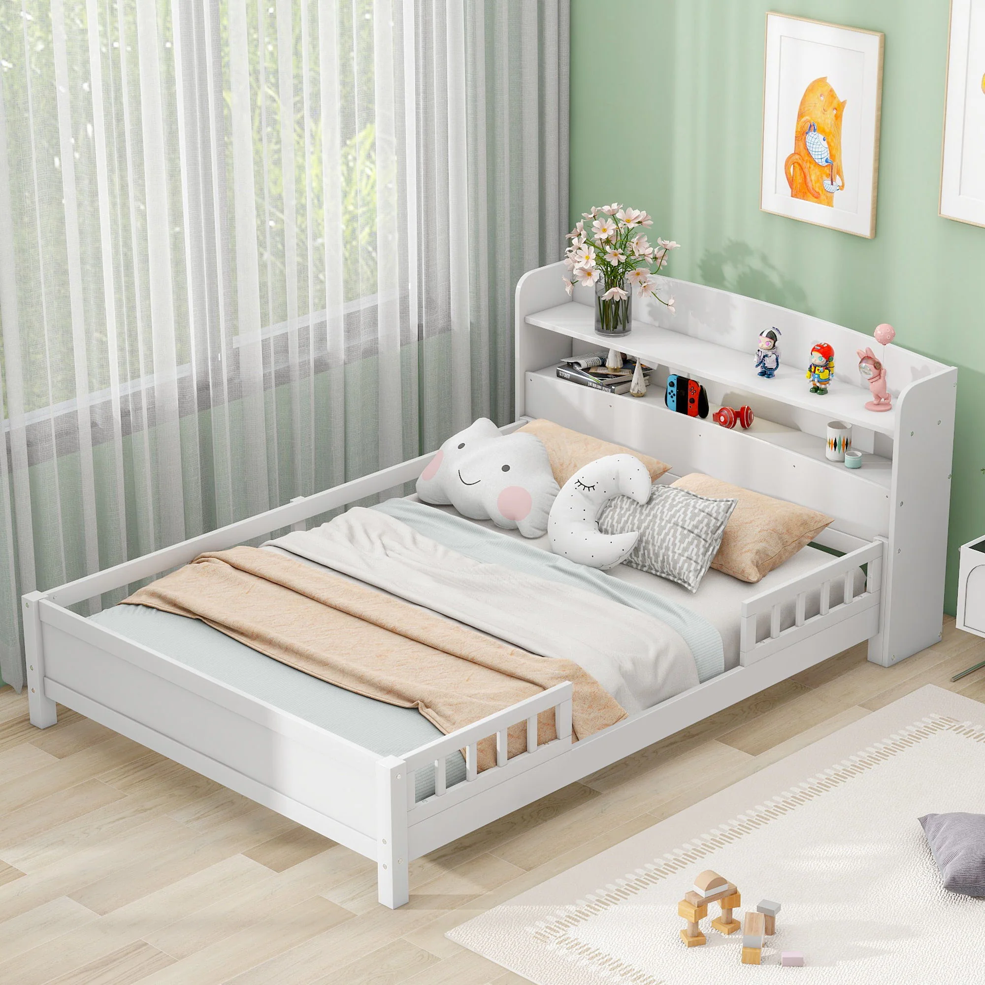 Wood Platform Bed With Built In LED Light, Storage Headboard And Guardrail - Image 25