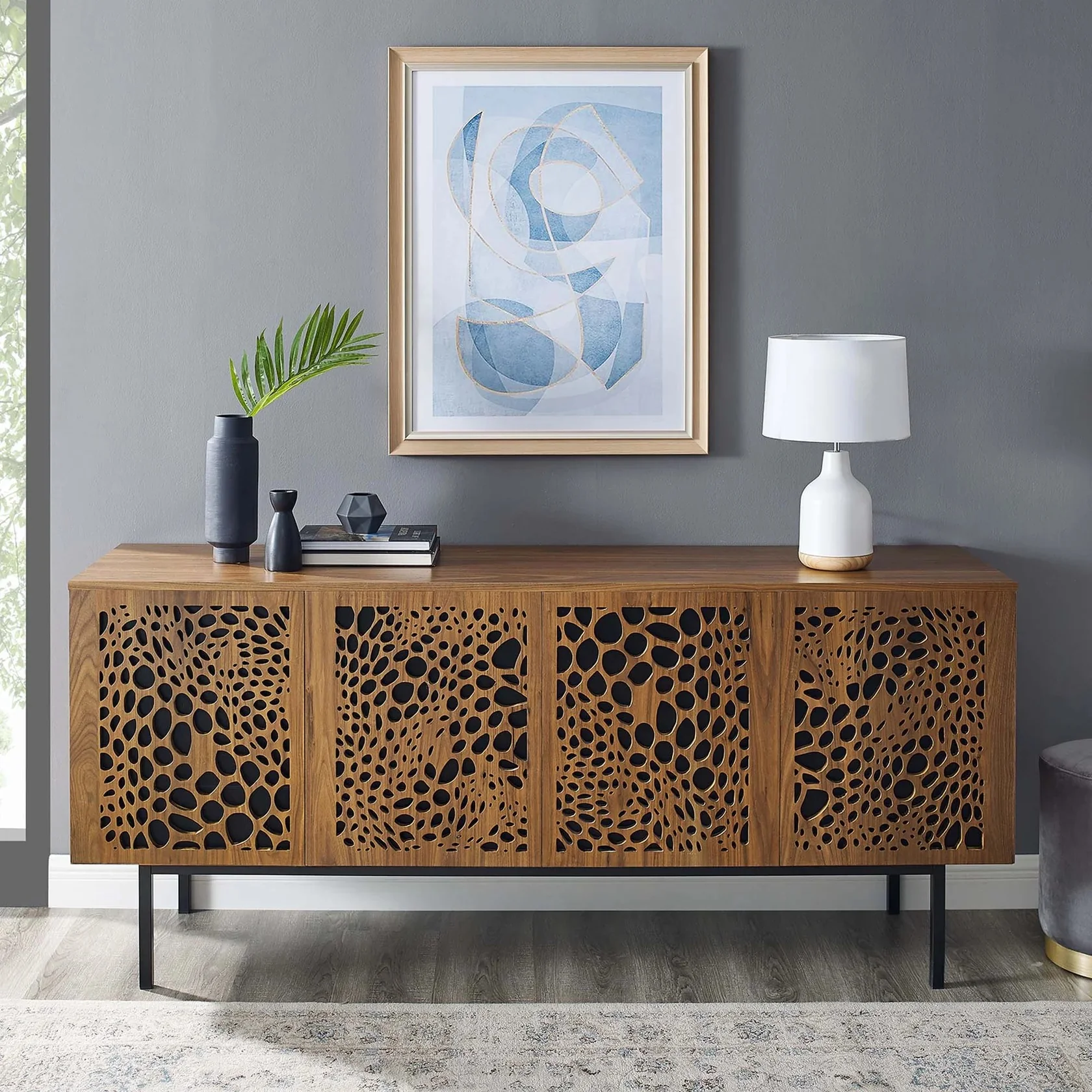 Wood TV Stand with Sliding Doors and Storage – Walnut Finish 73 Inch - Image 6