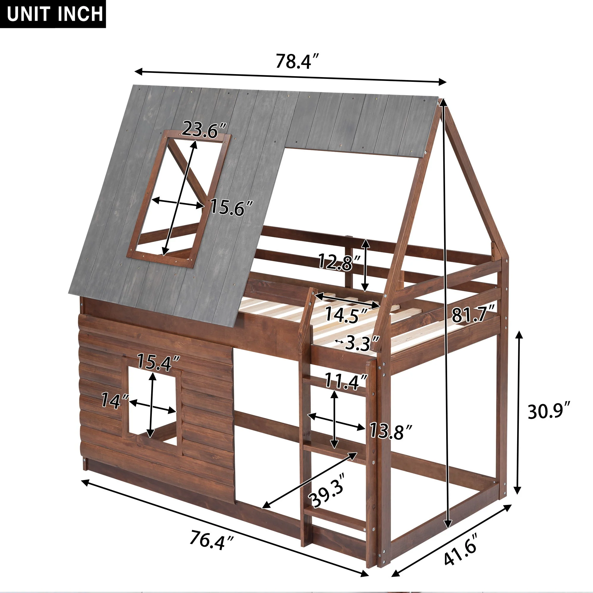 Wood Twin Size House Bunk Bed With Roof, Ladder And 2 Windows - Oak & Smoky Gray - Image 6