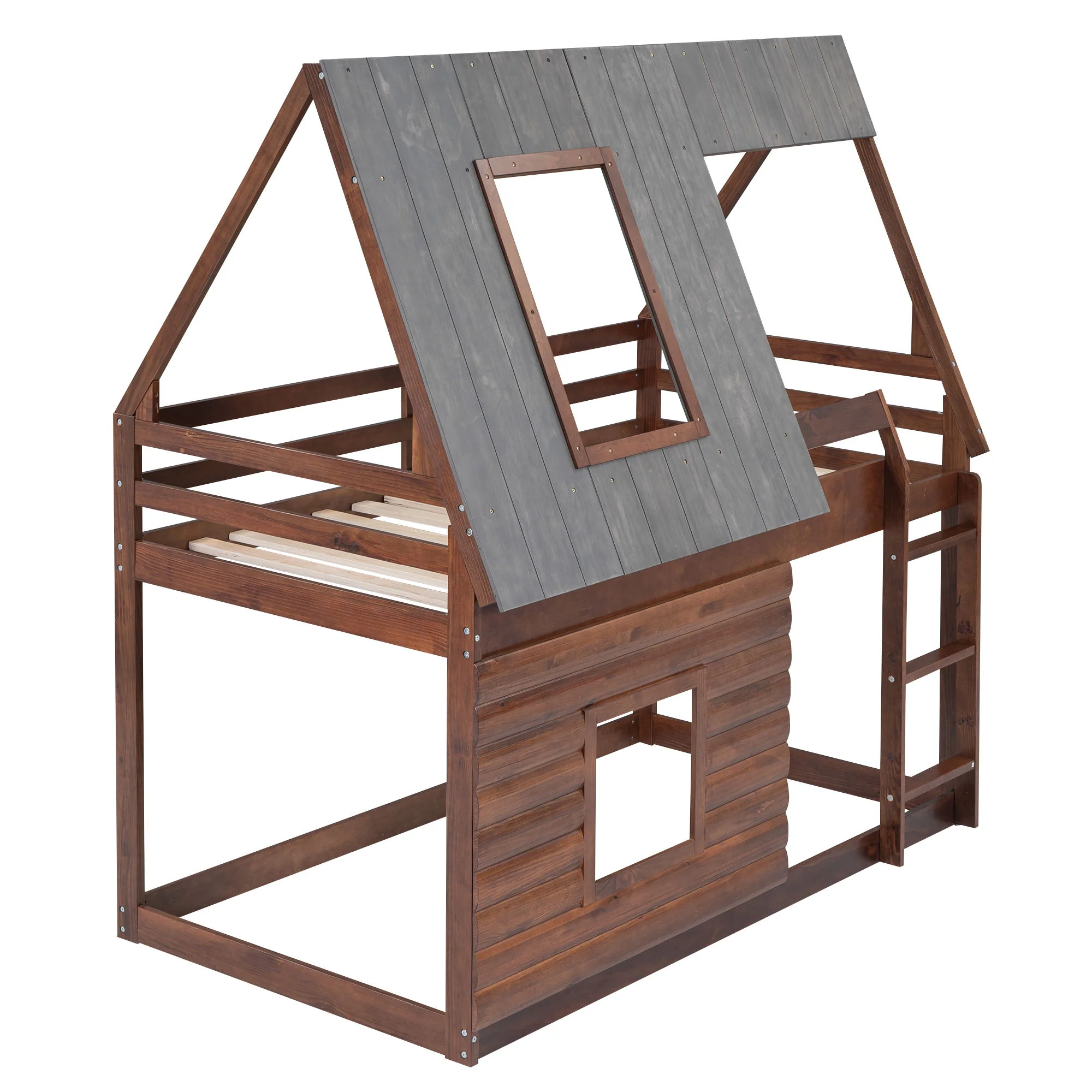 Wood Twin Size House Bunk Bed With Roof, Ladder And 2 Windows - Oak & Smoky Gray - Image 8