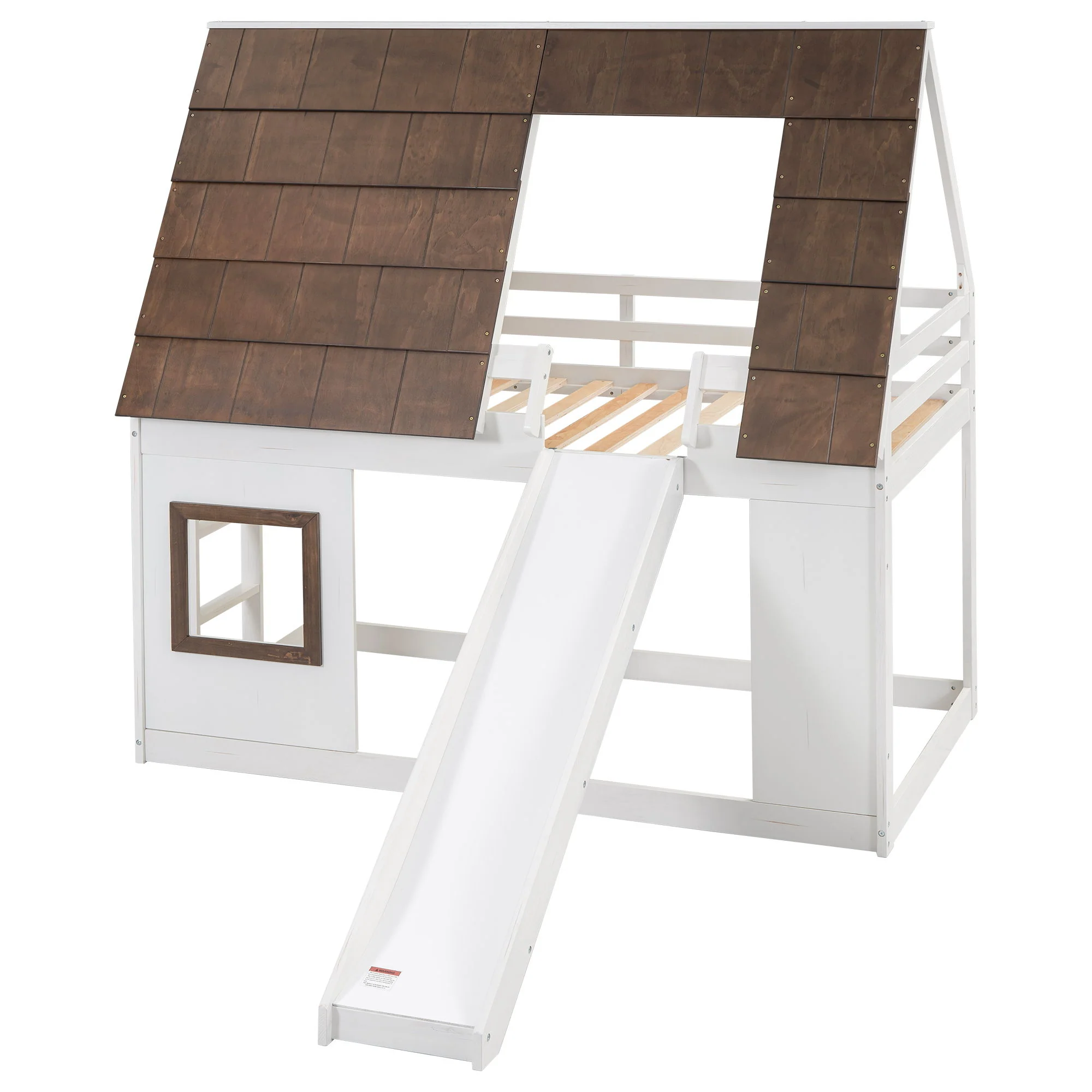 Wood Twin Size House Bunk Bed With Roof, Ladder And Slide - White / Brown - Image 3