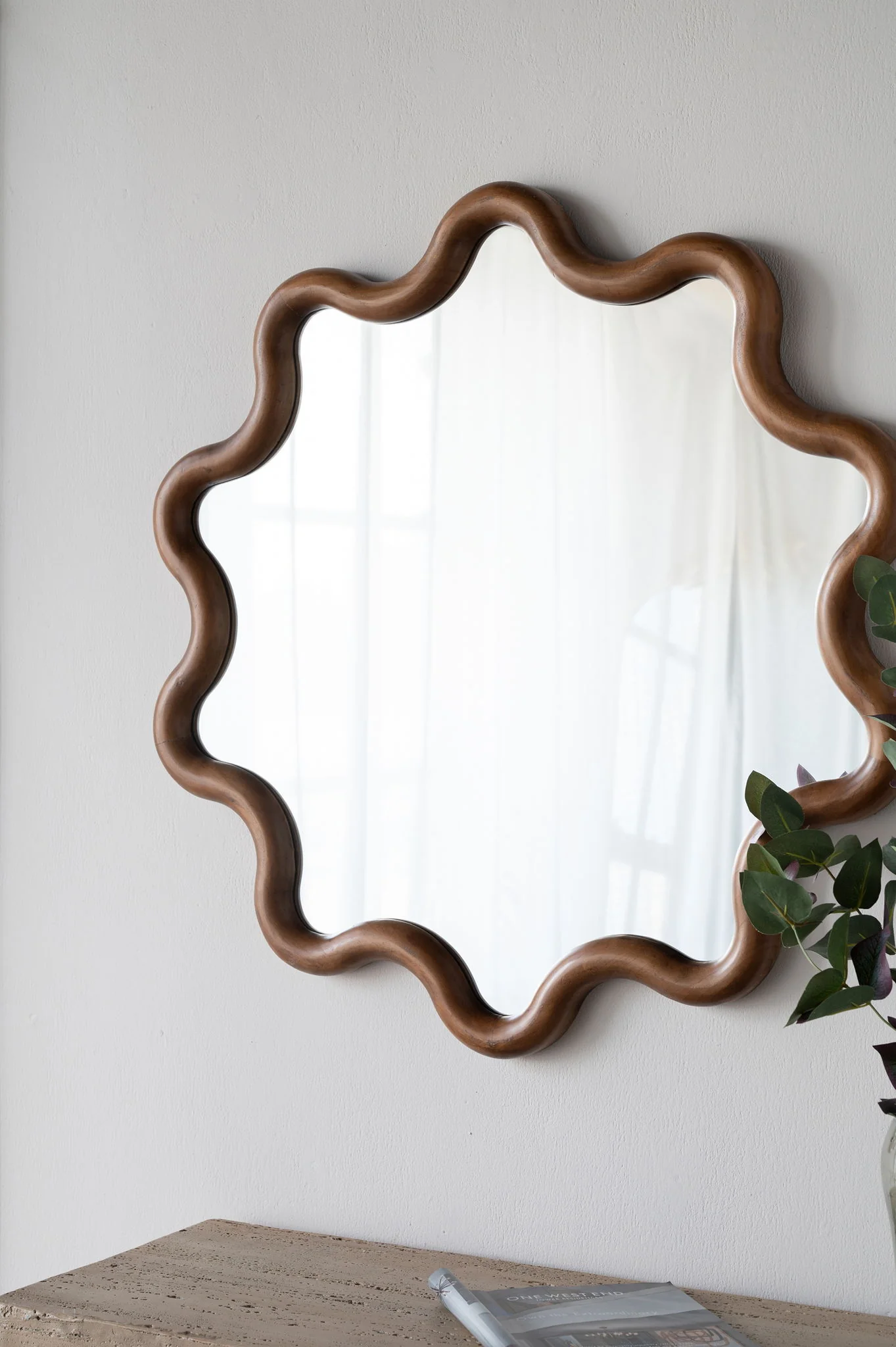 Wooden Accent Mirror With Unique Frame, Wall Mirror For Living Room Bedroom Entryway - Brown - Image 4
