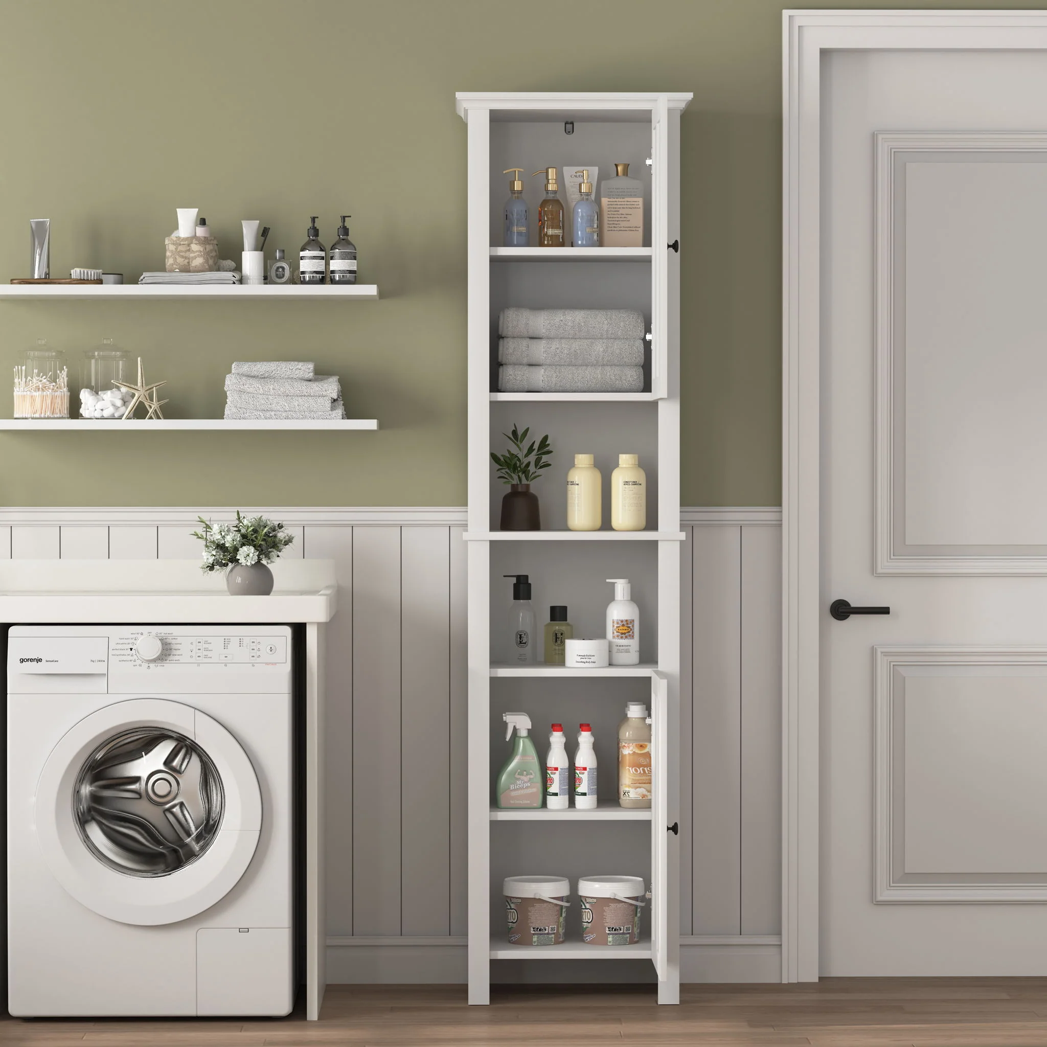 Wooden Bathroom Floor Storage Cabinet With 2 Doors And 6 Shelves - White - Image 5