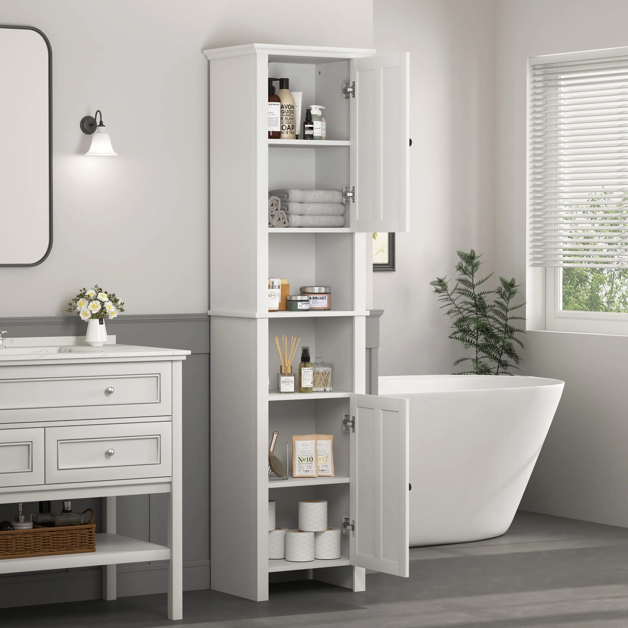 Wooden Bathroom Floor Storage Cabinet With 2 Doors And 6 Shelves - White - Image 6