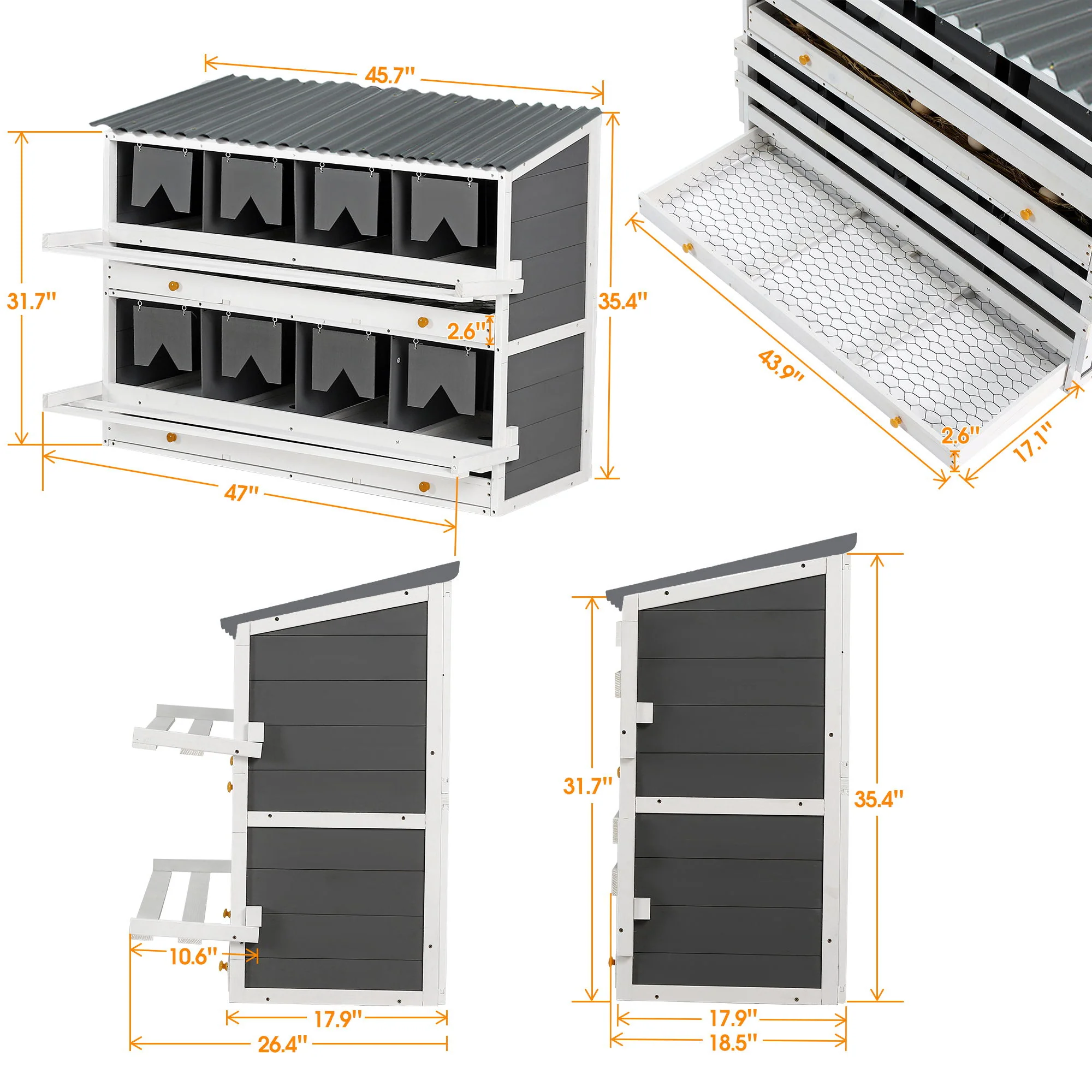 Wooden Chicken Nesting Box With 2 Egg Collection Drawers - White / Gray - Image 4