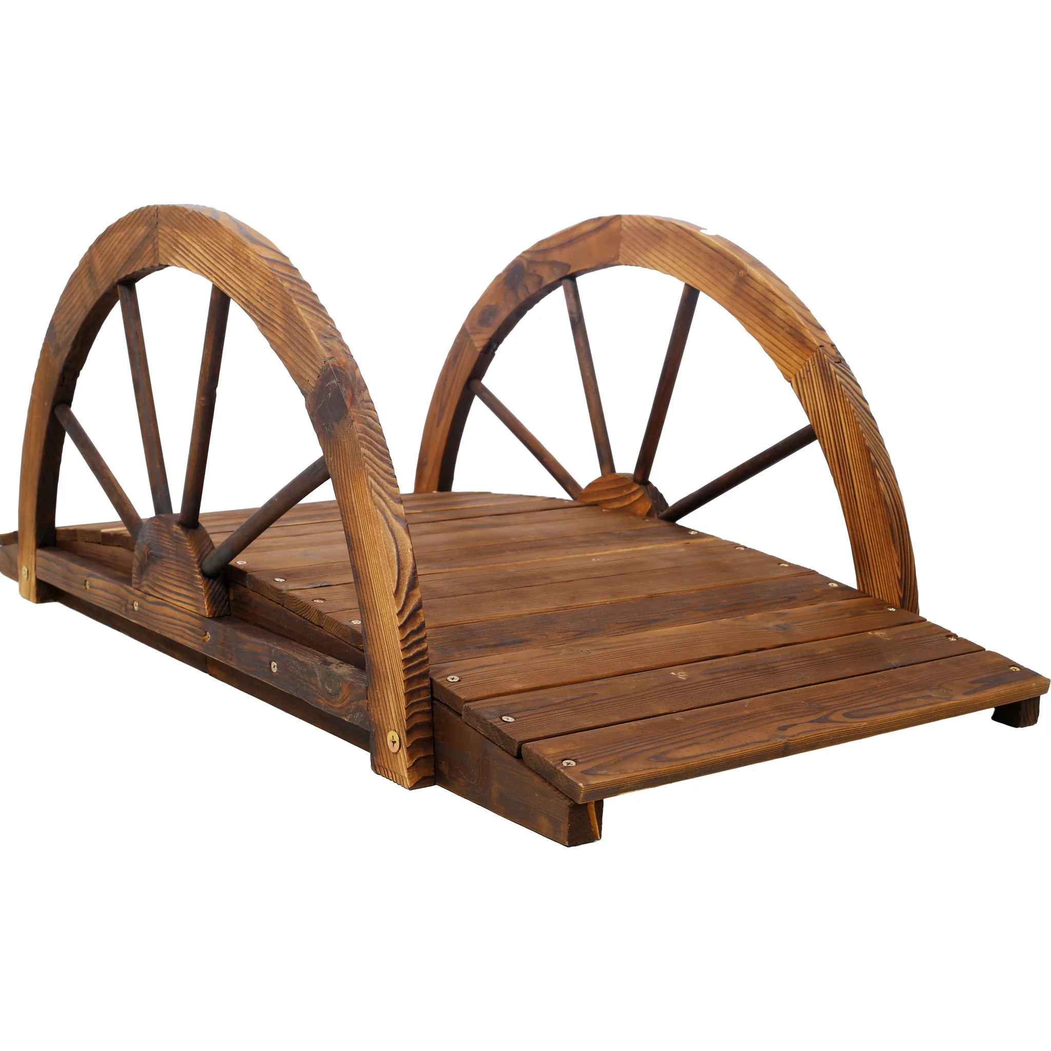 Wooden Garden Bridge Arc Footbridge With Half Wheel Railings Solid Fi - Brown - Image 9