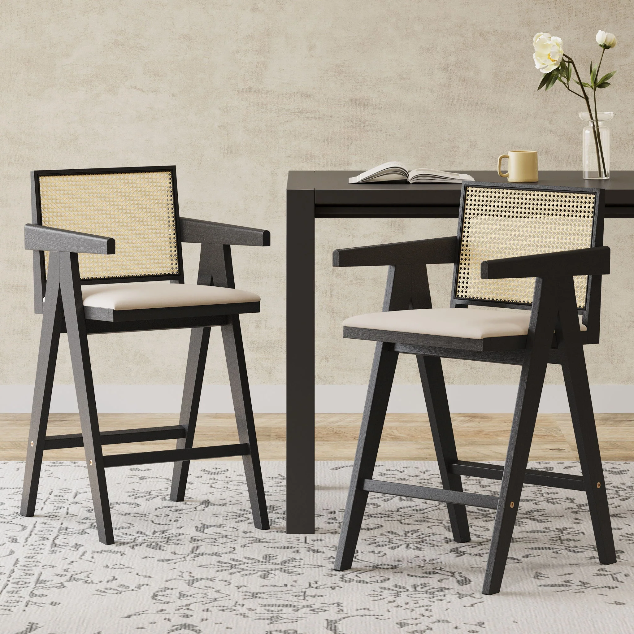 Woven Cane Plastic Backrest Bar Stool Foam Padded Fabric Seat & Durable Rubberwood Frame - Cream Gray - Image 7