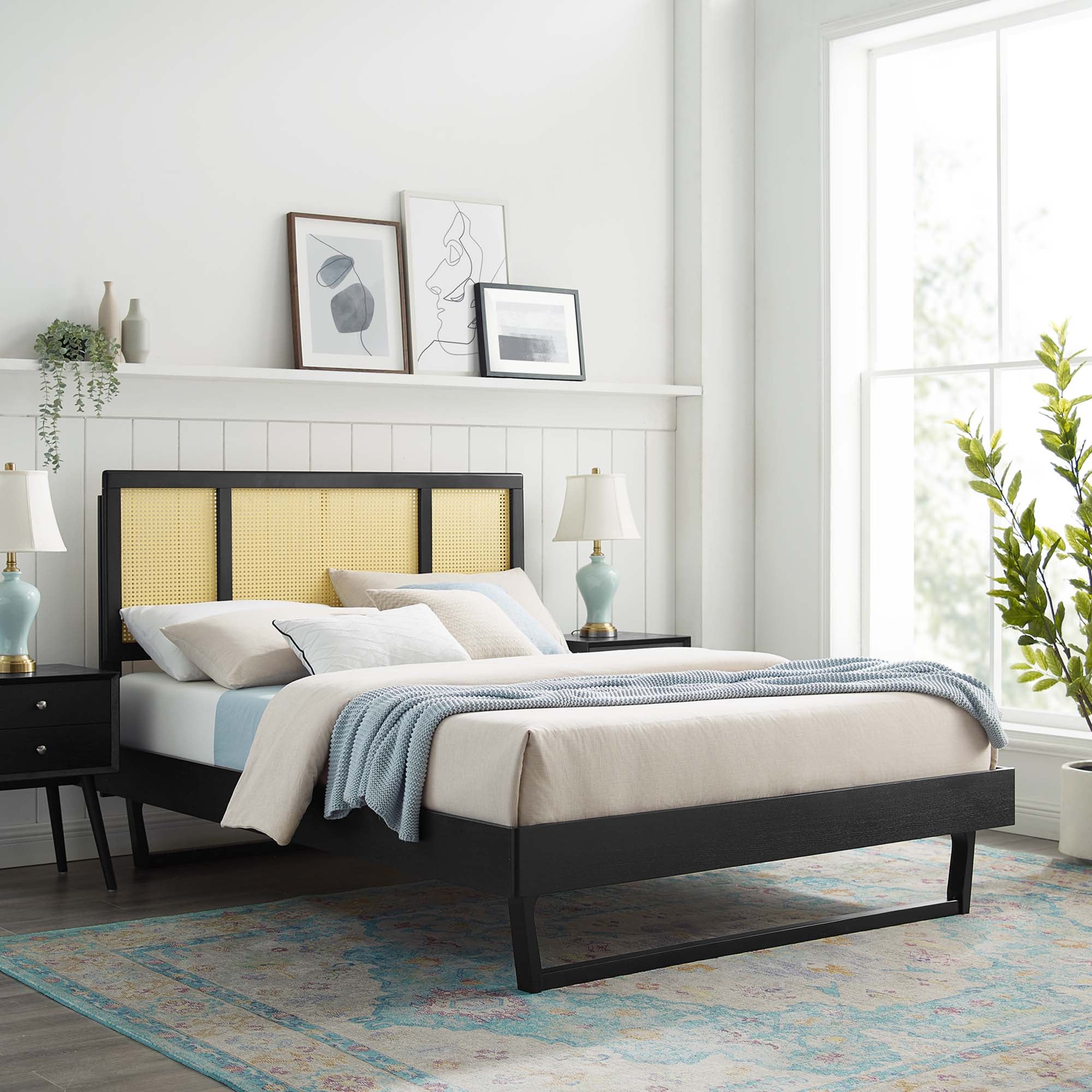Woven Cane Rattan and Wood Platform Bed with Angular Legs - Image 5
