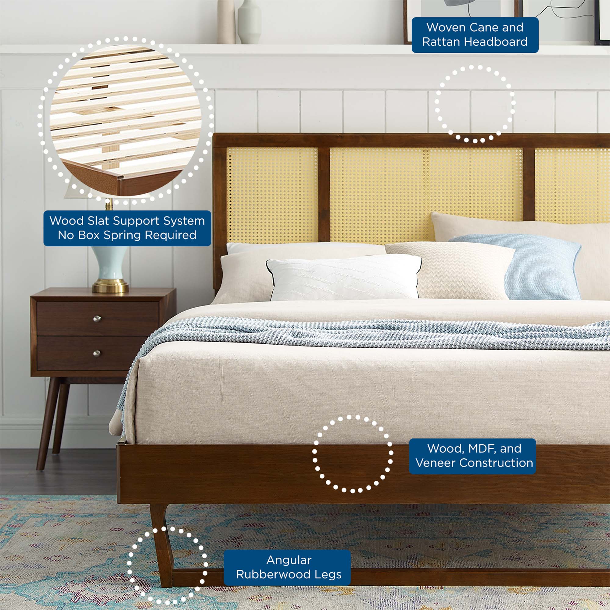 Woven Cane Rattan and Wood Platform Bed with Angular Legs - Image 8