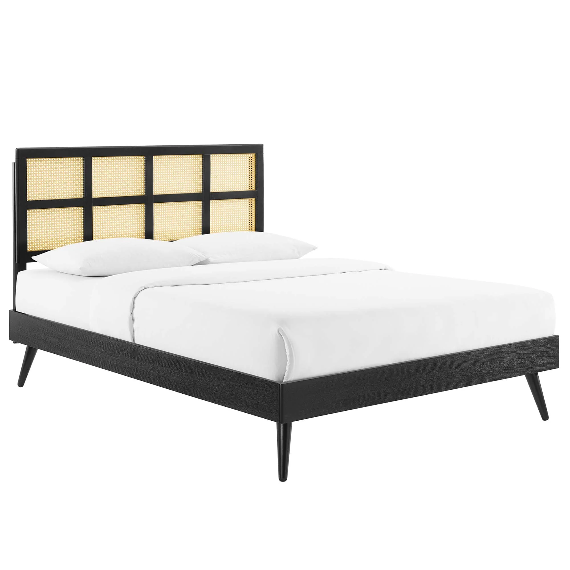 Woven Cane Rattan and Wood Platform Bed with Splayed Legs - Image 21