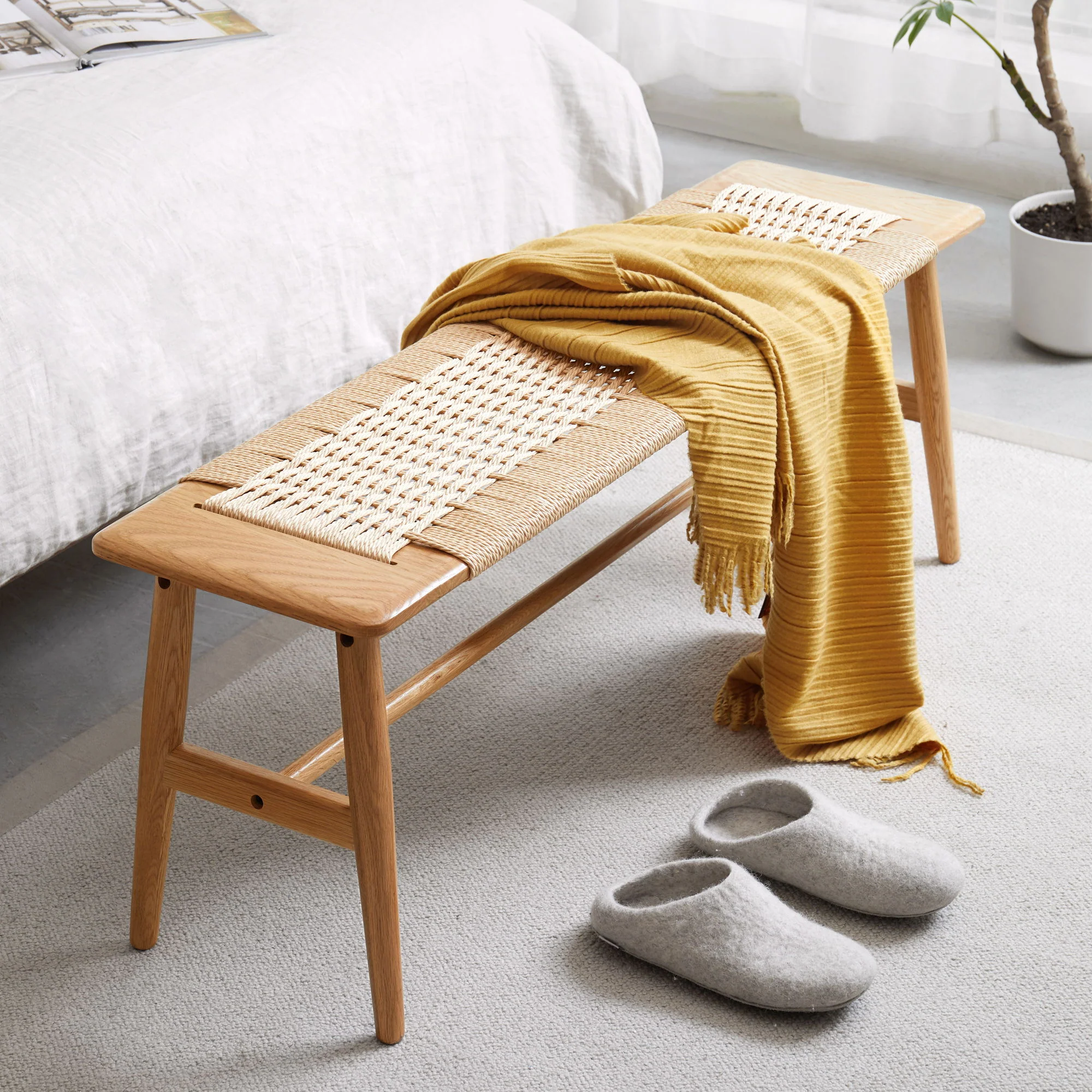 Woven Design Dining Bench For Dining Room, Bedroom - Natural Oak - Image 7