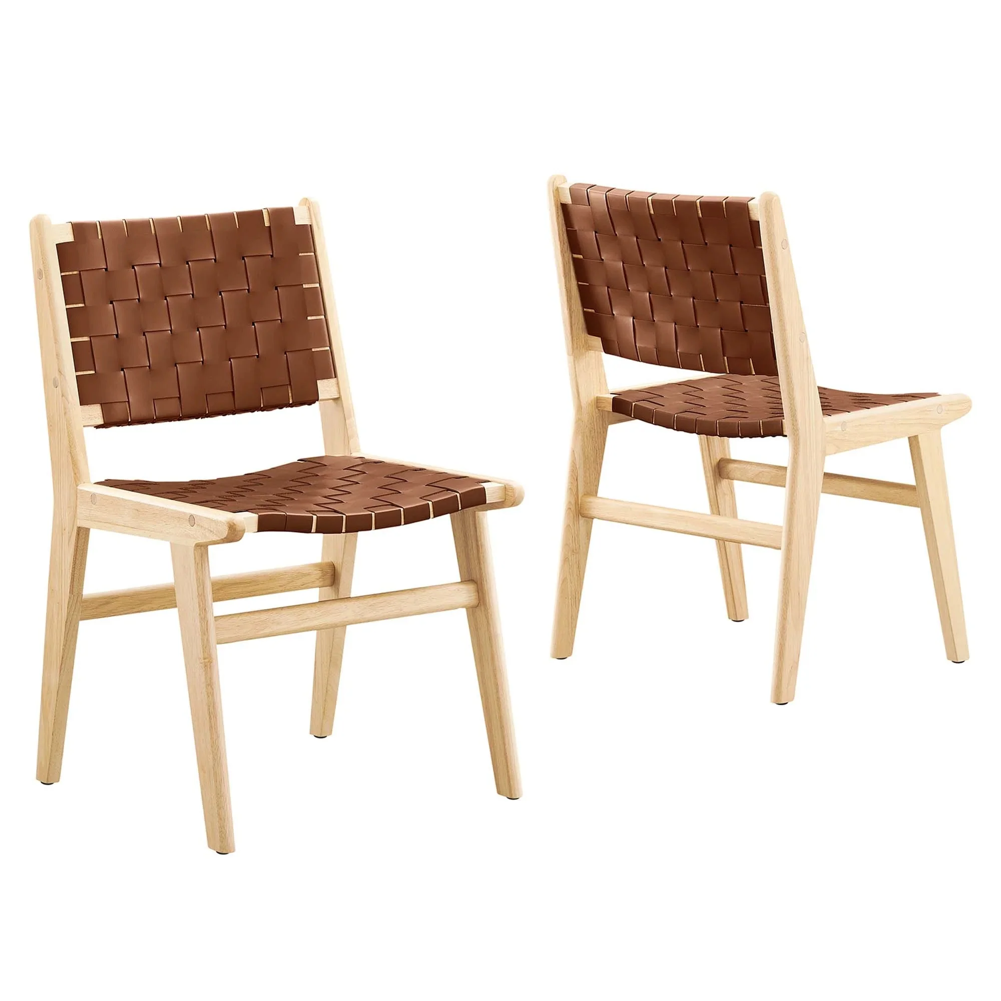 Woven Leather Wood Dining Side Chair Set with Basket Weave – Set of 2