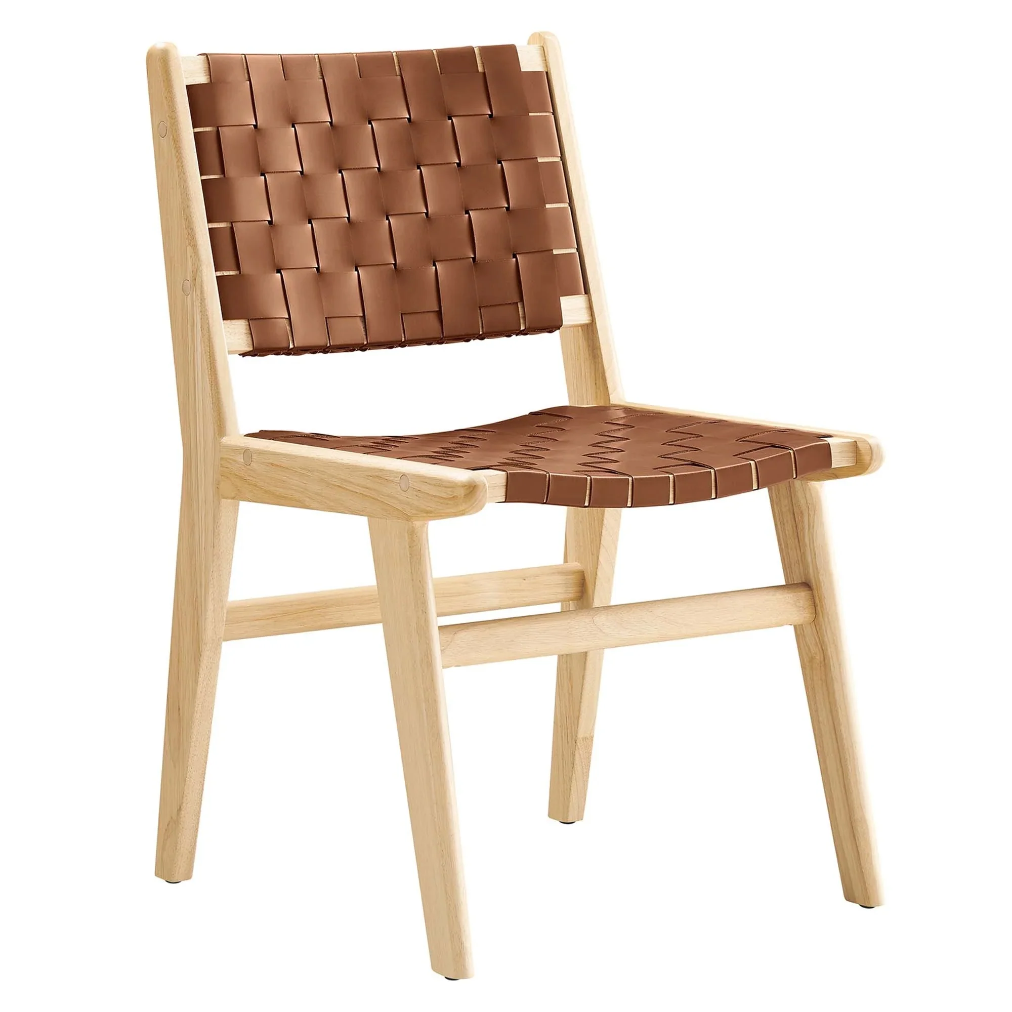 Woven Leather Wood Dining Side Chair Set with Basket Weave – Set of 2 - Image 3