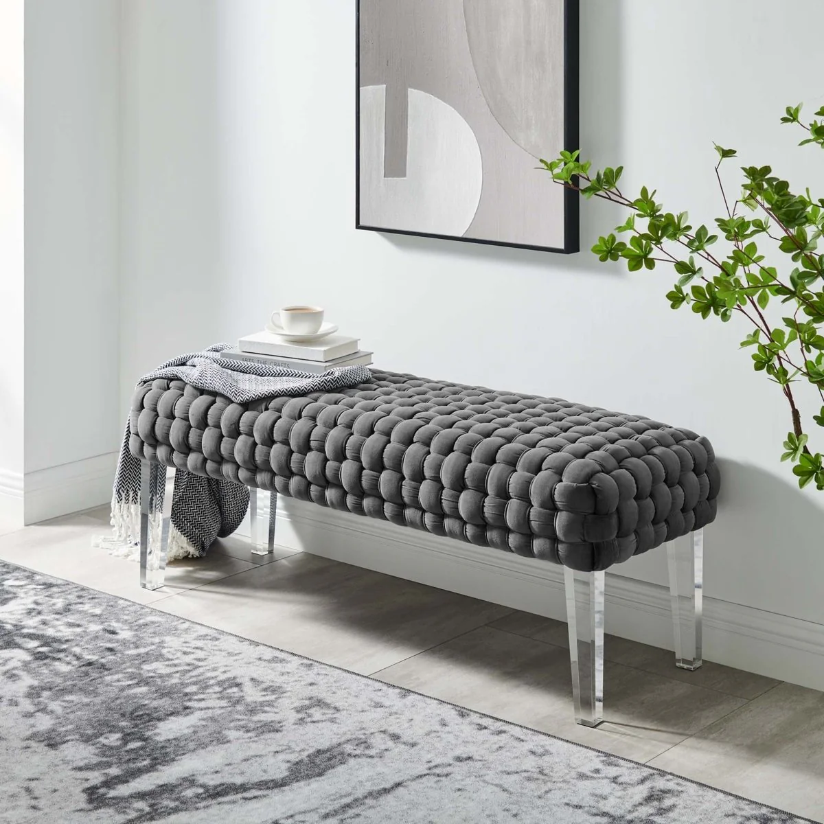 Woven Velvet Bench Ottoman with Acrylic Legs – 50 Inch - Image 13