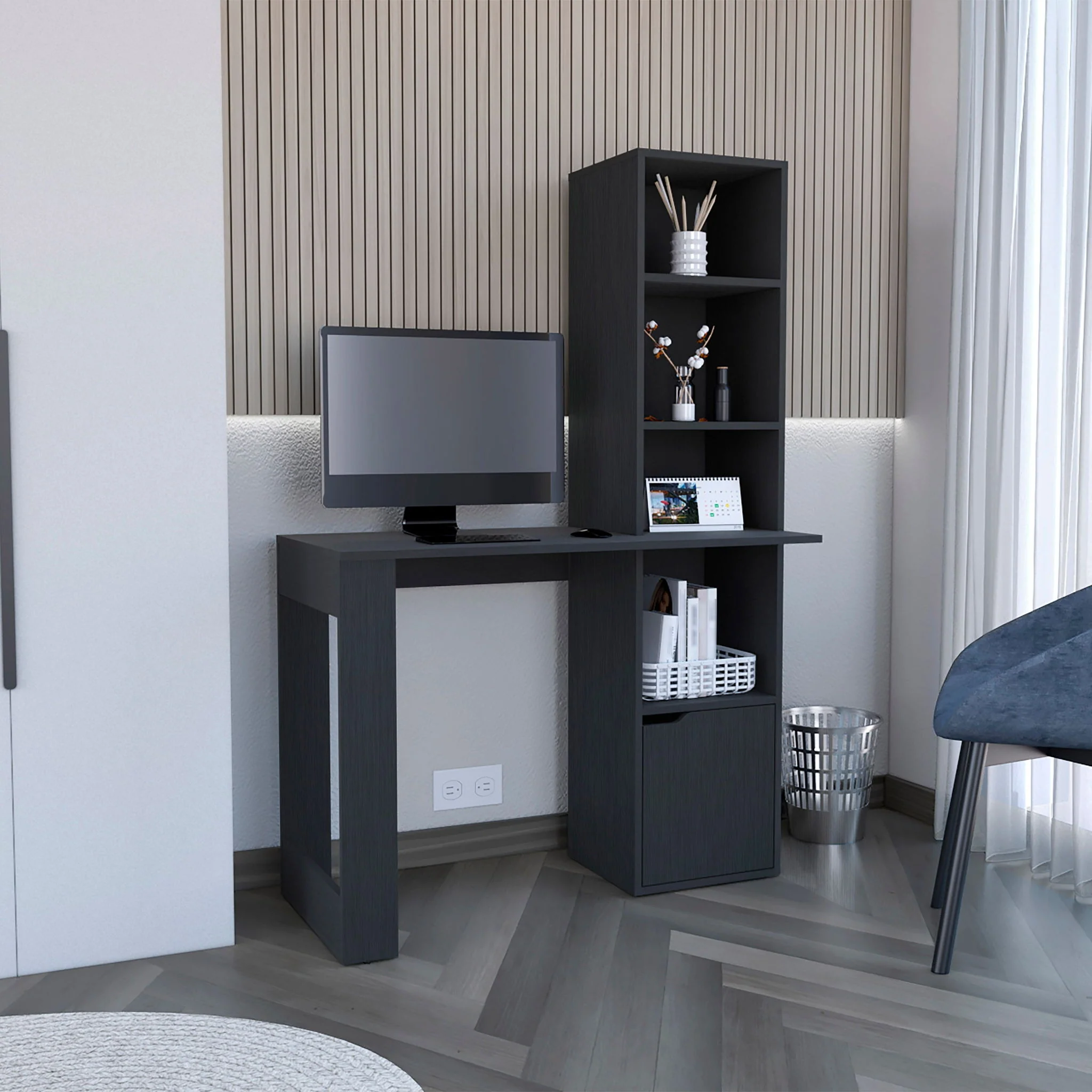 Writing Desk With Bookcase And Cabinet - Black - Image 2