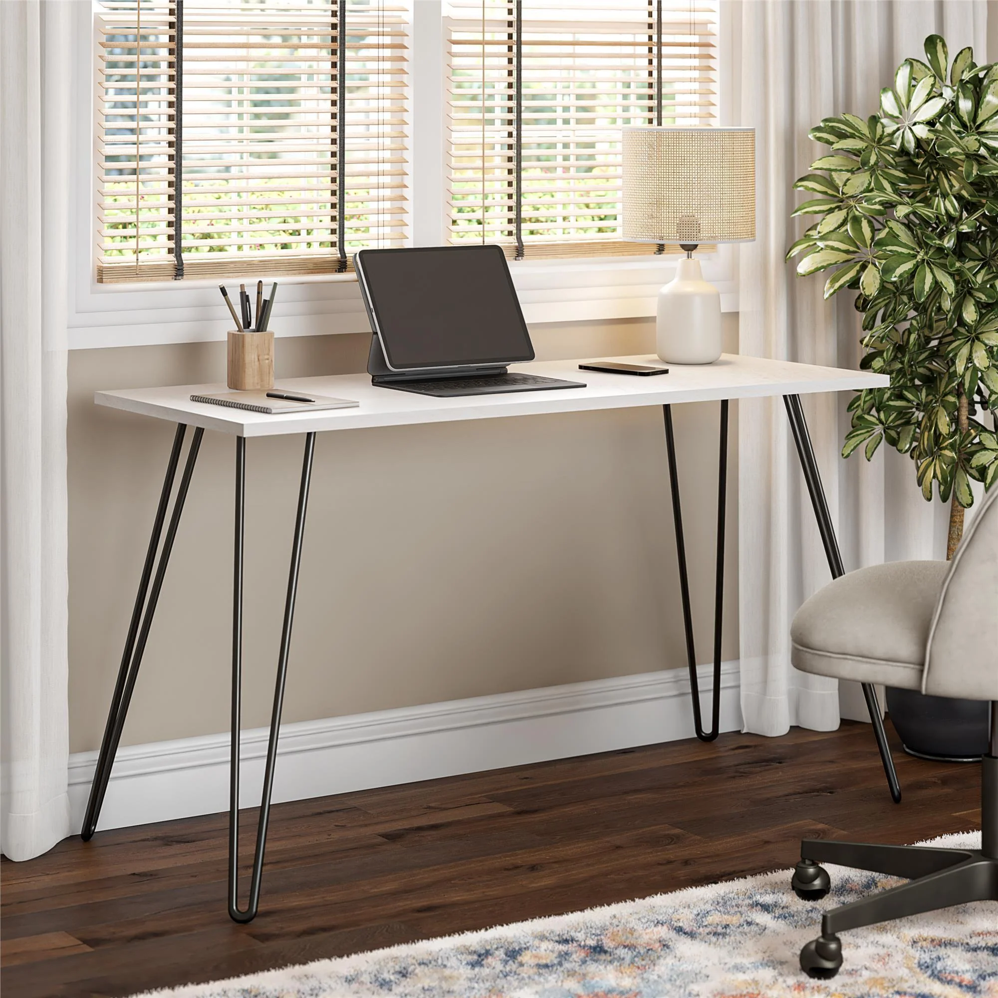 Writing Desk With Hairpin Legs For Study Or Work - White Oak - Image 4