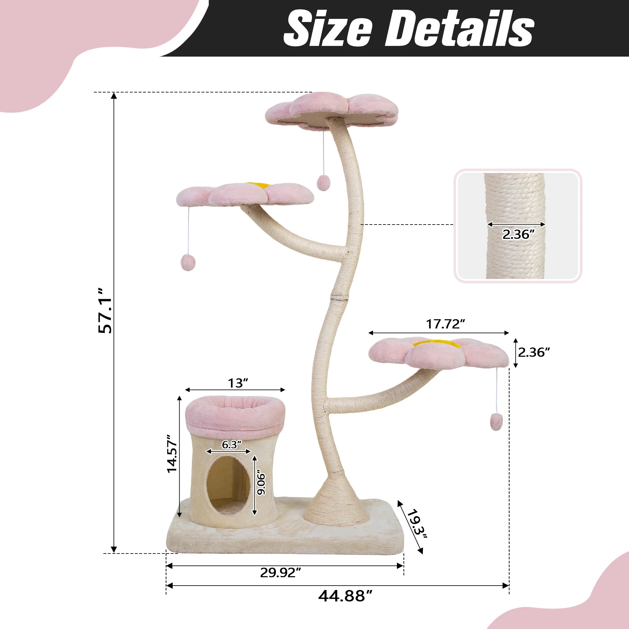 Zinnia 57-Inch Flower-Shaped Multi-Level Cat Tree with Condo and Sisal Posts - Image 4